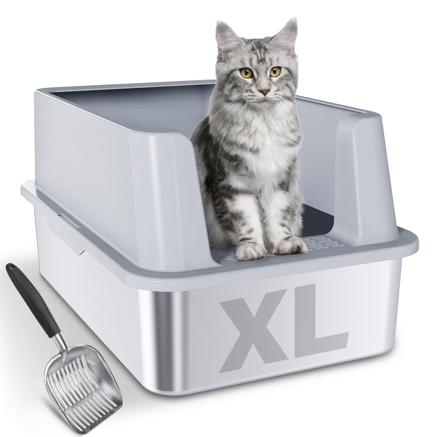 LEGOURNS Stainless Steel Litter Box XL 24"x16"x12" Extra Large High Sided Metal Cat Litter Boxes with Lid and Scooper Easy Clean Non Stick & No Smell