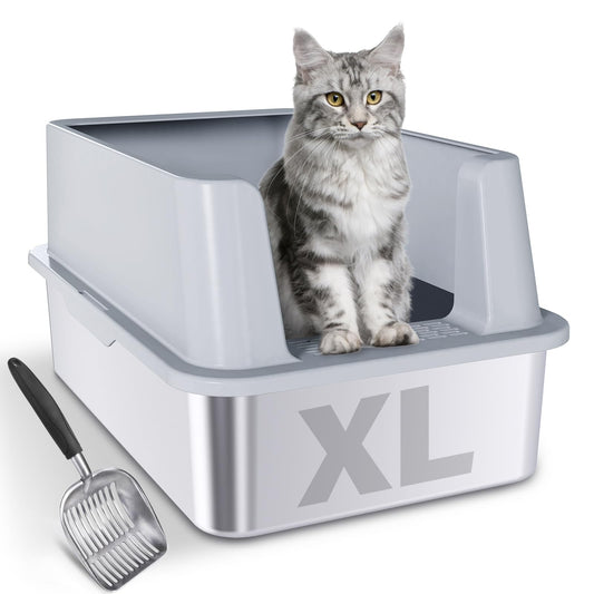 LEGOURNS Stainless Steel Litter Box XL 24"x16"x12" Extra Large High Sided Metal Cat Litter Boxes with Lid and Scooper Easy Clean Non Stick & No Smell
