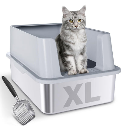 LEGOURNS Stainless Steel Litter Box XL 24"x16"x12" Extra Large High Sided Metal Cat Litter Boxes with Lid and Scooper Easy Clean Non Stick & No Smell